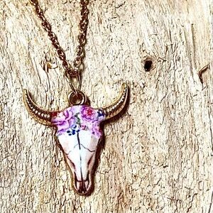 Purple flowers Horn/floral skull candy boho rustic necklace w southwestern vibe